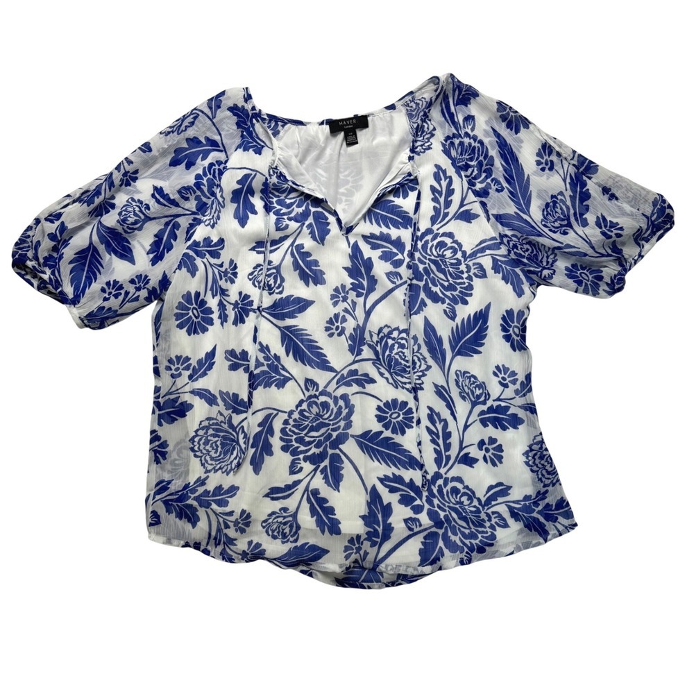Haver London Blue White Floral Chiffon Blouse Split Neck Tie Puff Sleeve S/P